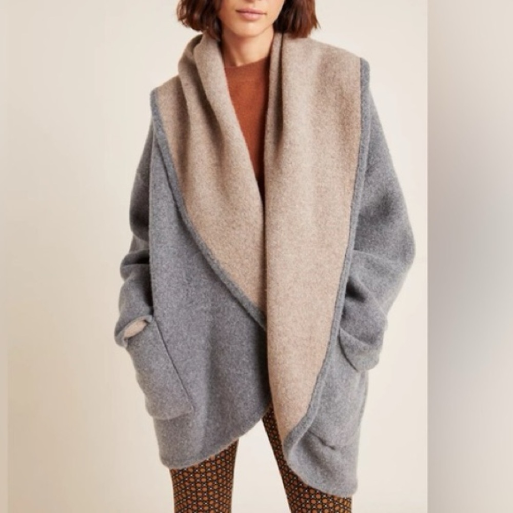 Anthropologie Cardigan Womens Small Gray Tan Hygee Oversized Wool Blend Sweater